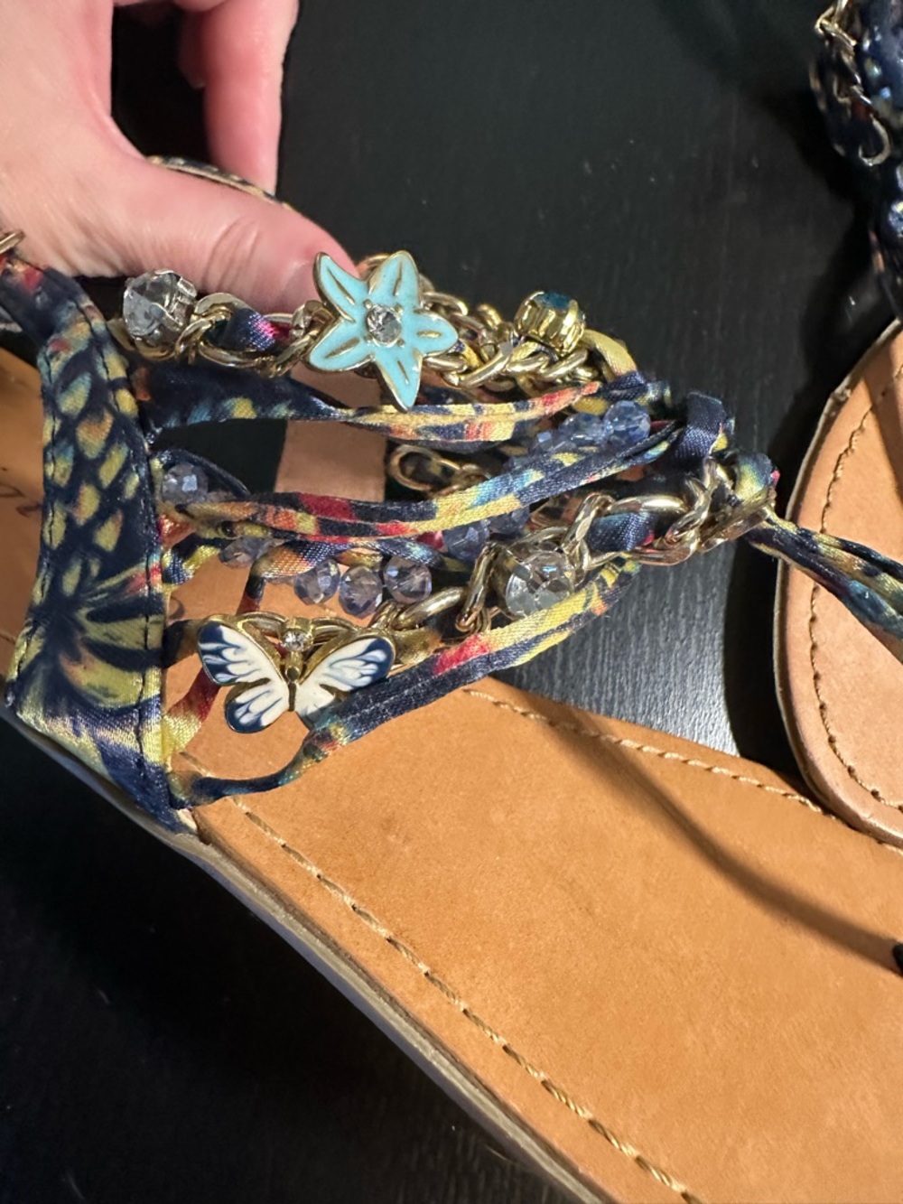 Embellished Floral Butterfly Strappy Sandals - Navy/Multi